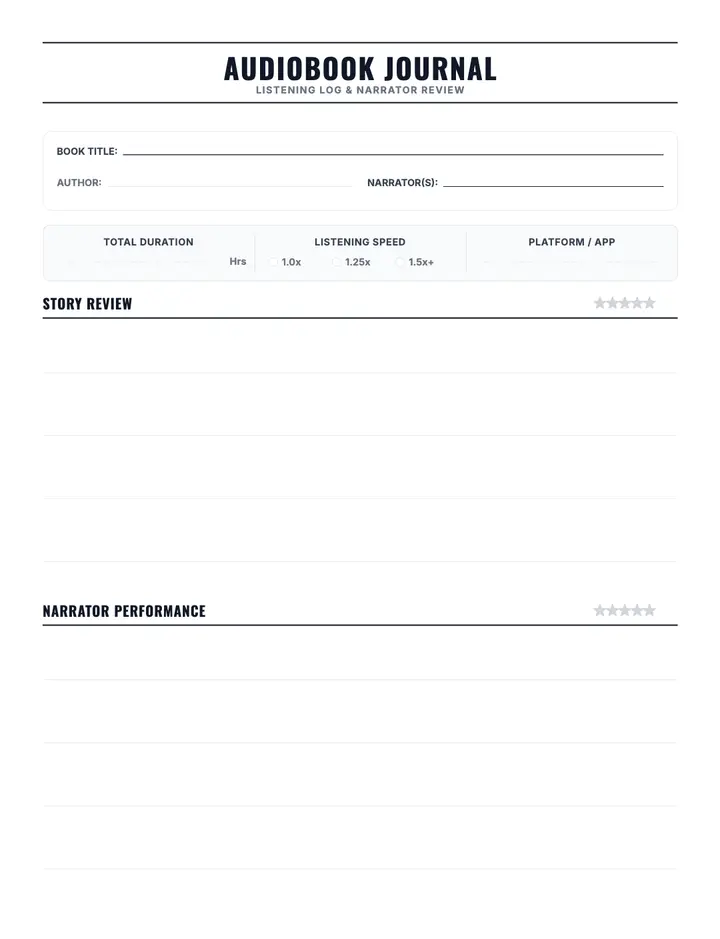 Audiobook Journal printable template — Media & Books