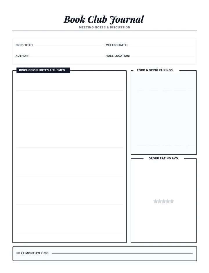 Book Club Meeting Log printable template — Media & Books