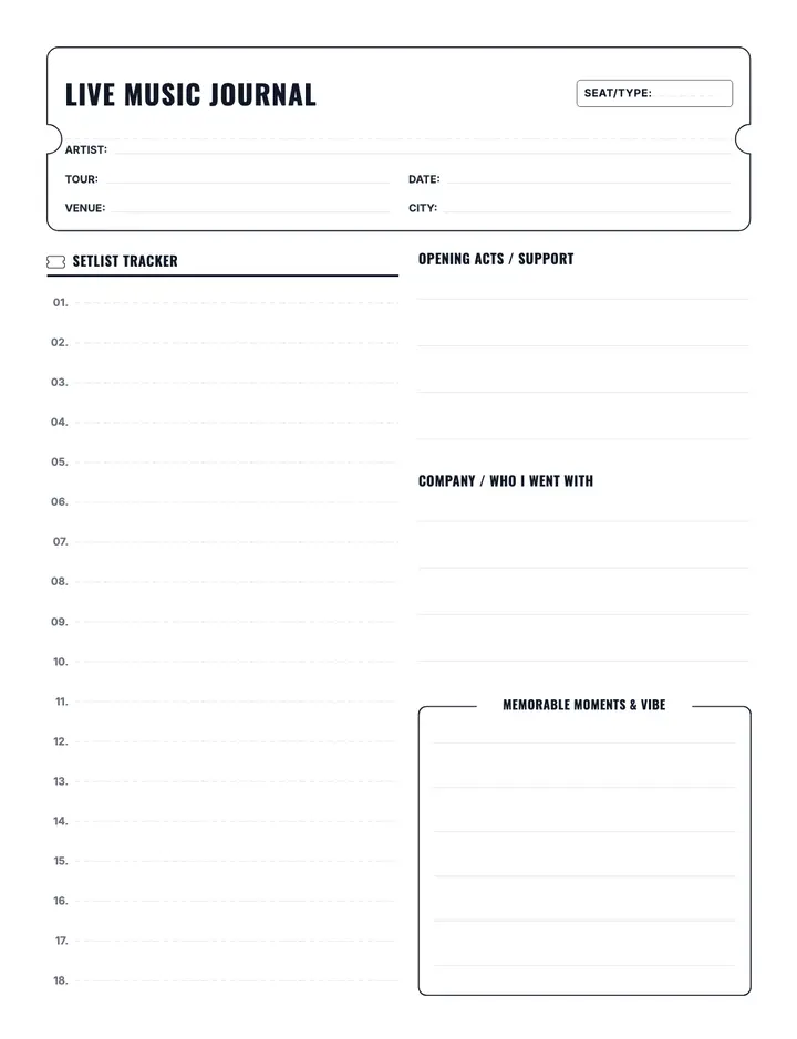 Live Concert & Gig Log printable template — Media & Books
