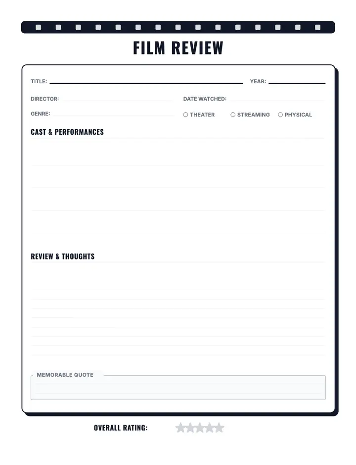 Cinephile Movie Review printable template — Media & Books