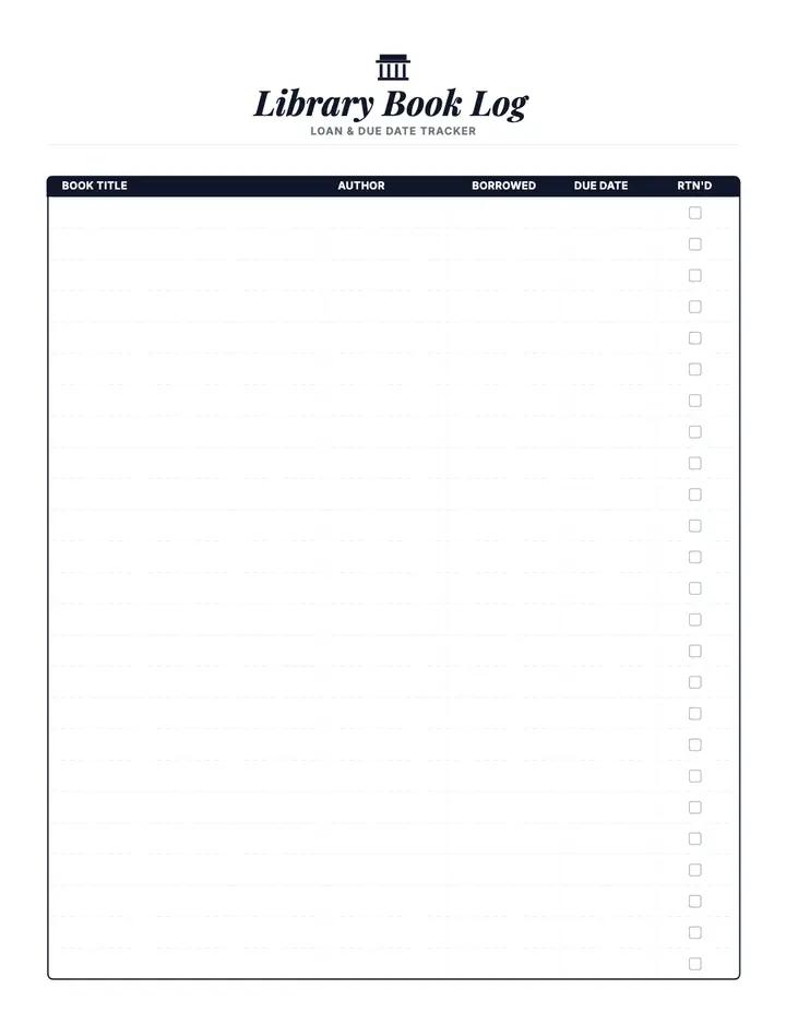 Library Loan & Due Dates printable template — Media & Books