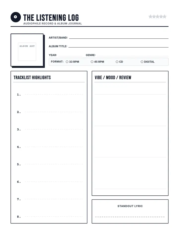 Vinyl & Album Log printable template — Media & Books
