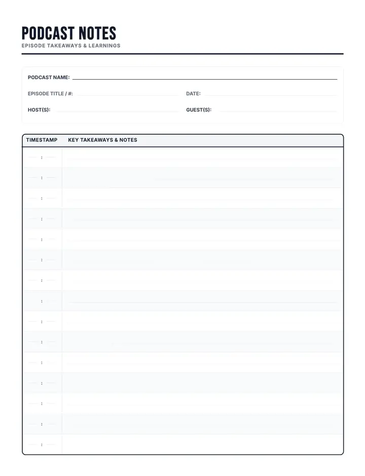 Podcast Notes & Takeaways printable template — Media & Books