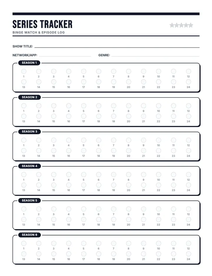 TV Series Binge Log printable template — Media & Books