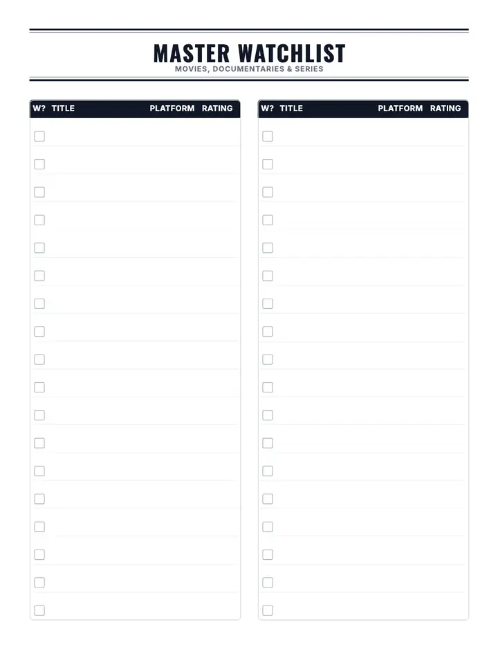 Master Watchlist printable template — Media & Books