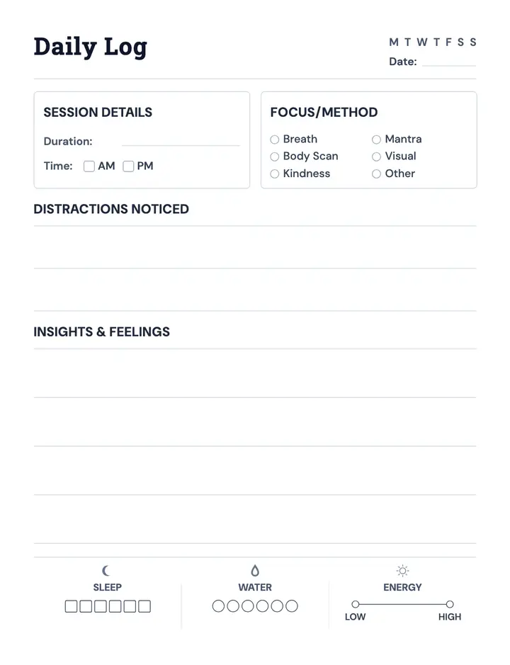 Meditation Journal — Structured Daily Log printable template — Health