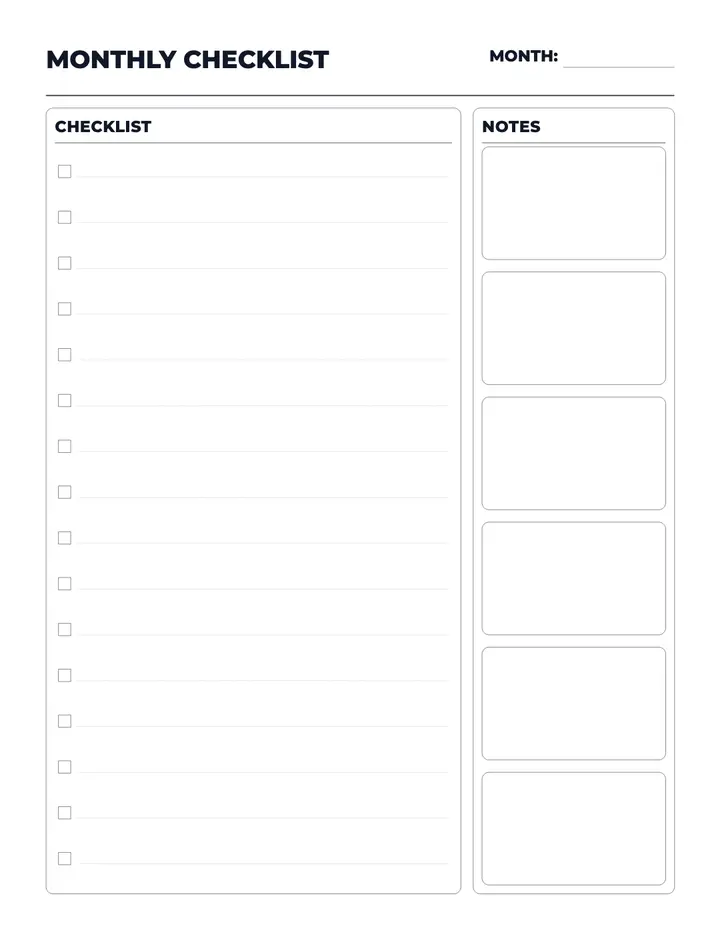 Monthly Checklist & Notes printable template — Planner