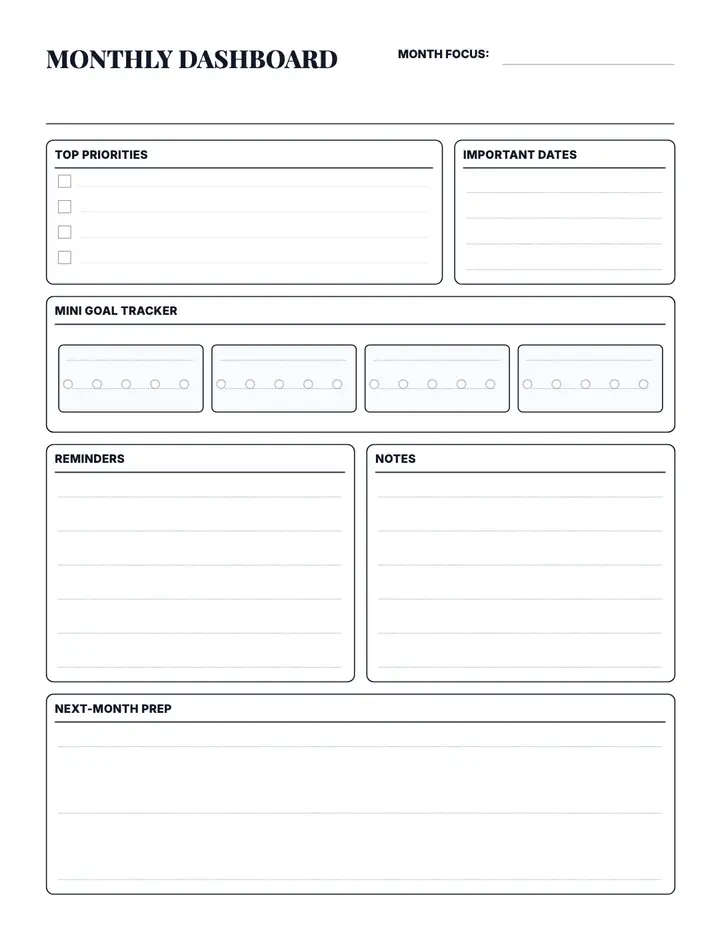 Monthly Dashboard printable template — Planner