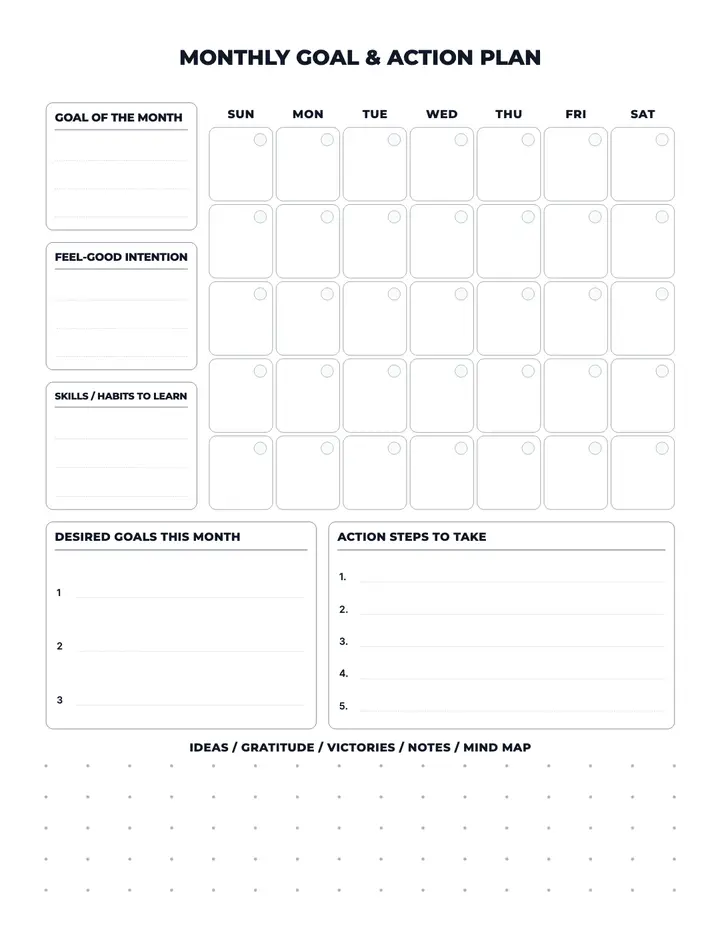 Monthly Goal Action Plan printable template — Goals