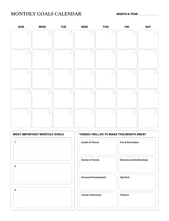 Monthly Goals Calendar printable template — Goals