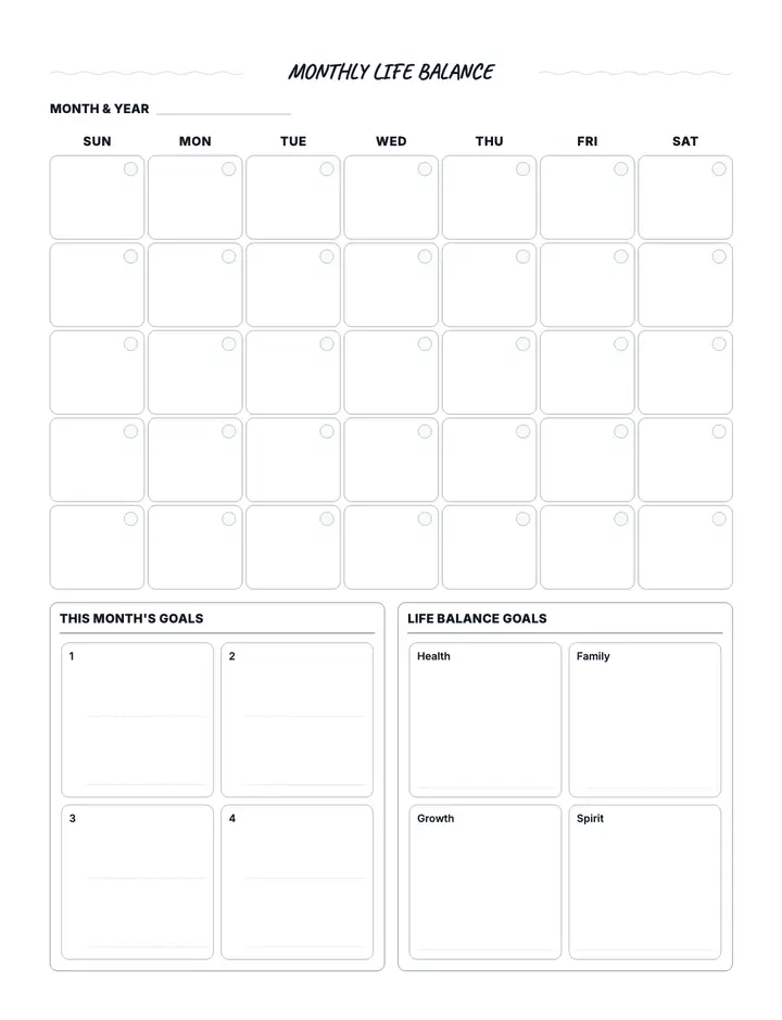 Monthly Life Balance Planner printable template — Goals