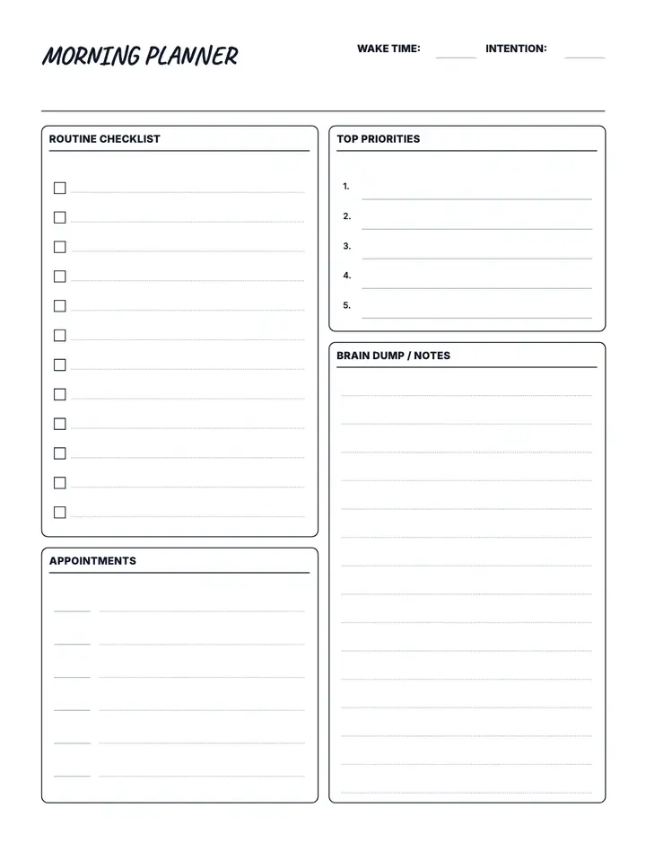 Morning Planner printable template — Planner