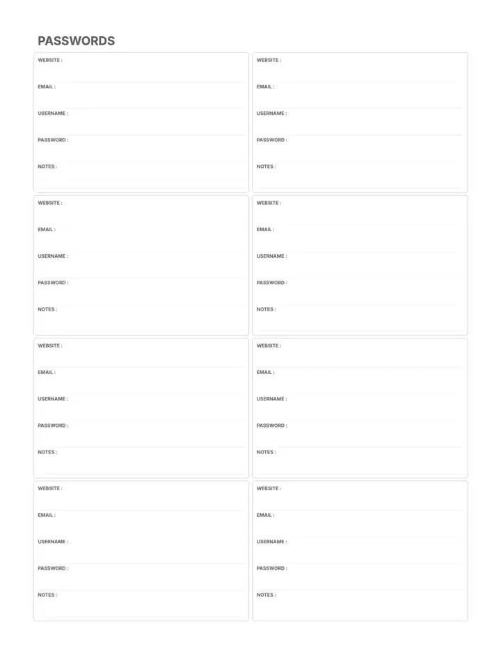Password Pages printable template — Productivity