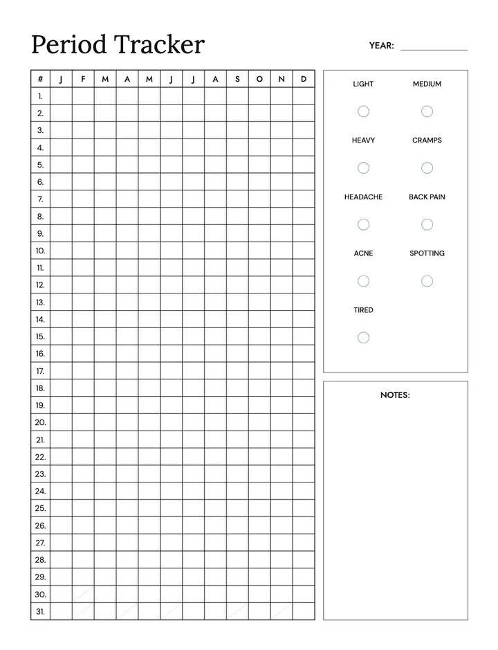 Cycle Tracker — Classic Grid Tracker printable template — Health