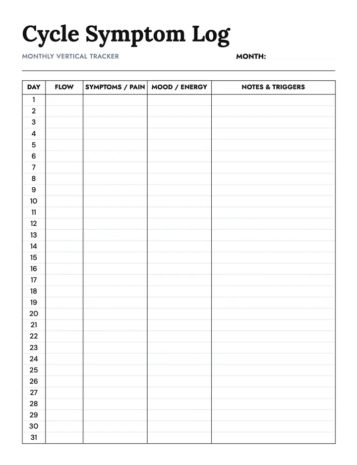 Cycle Tracker — Cycle Symptom Log printable template — Health