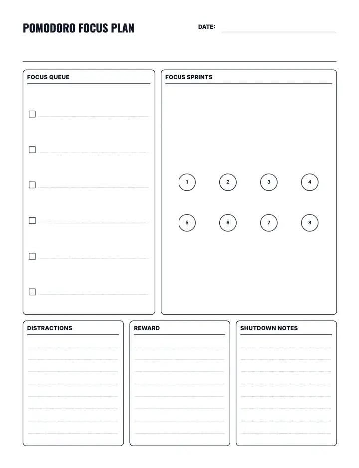 Pomodoro Focus Planner printable template — Productivity