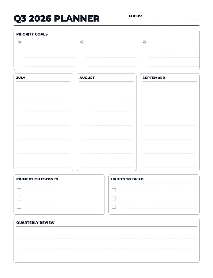 Quarter Overview (Dated) printable template — Goals
