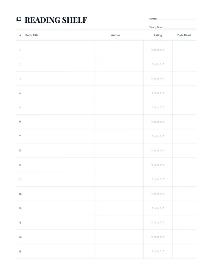 Reading Shelf printable template — Media & Books