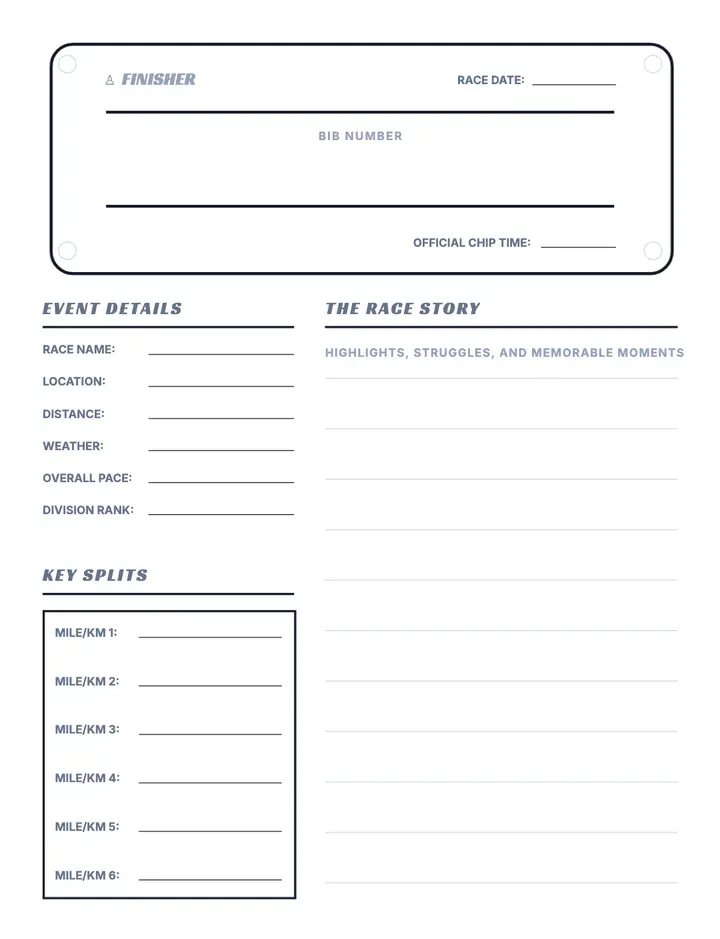 Run Tracker — Race Bib Log printable template — Fitness