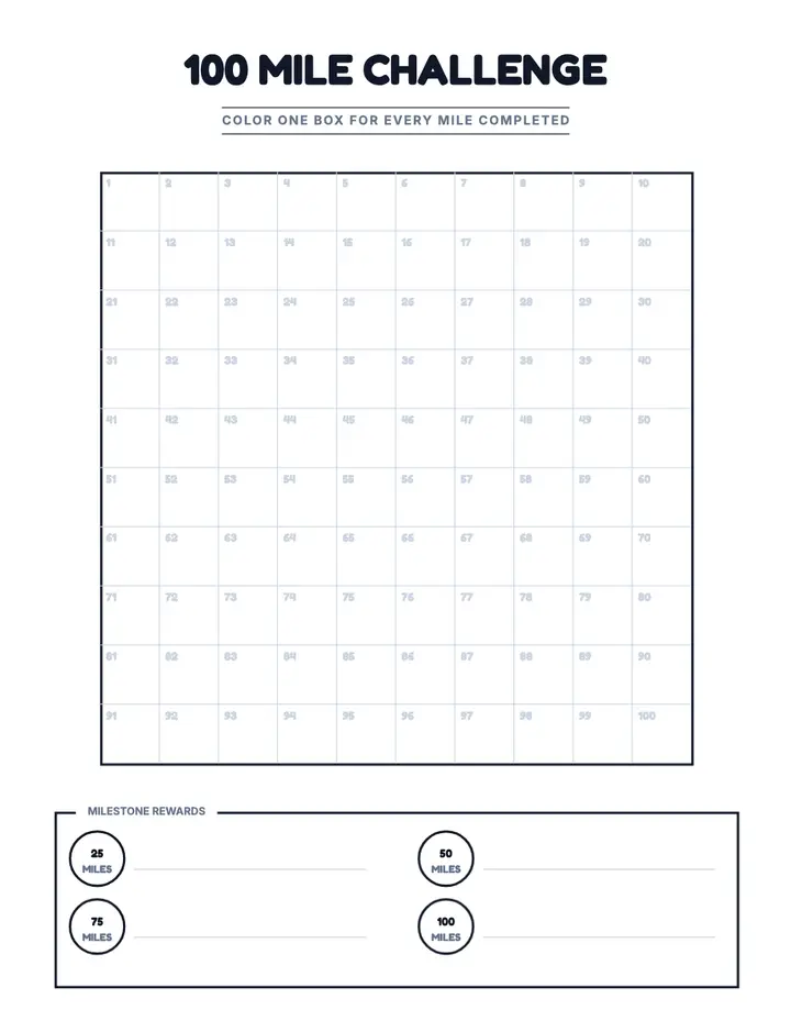 Run Tracker — 100 Mile Challenge printable template — Fitness