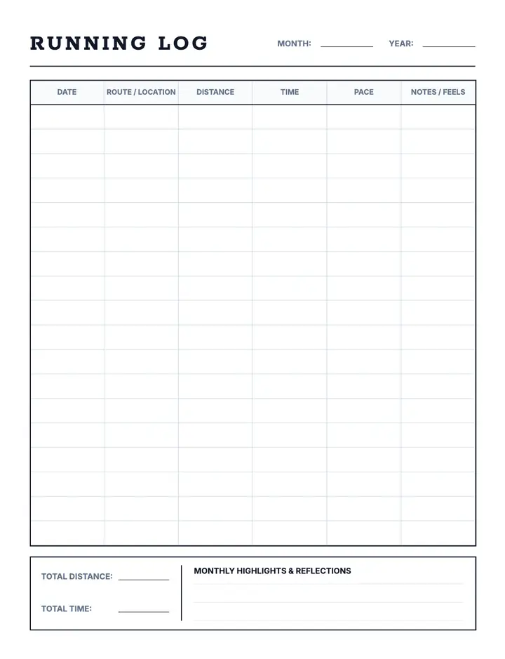 Run Tracker — Classic printable template — Fitness