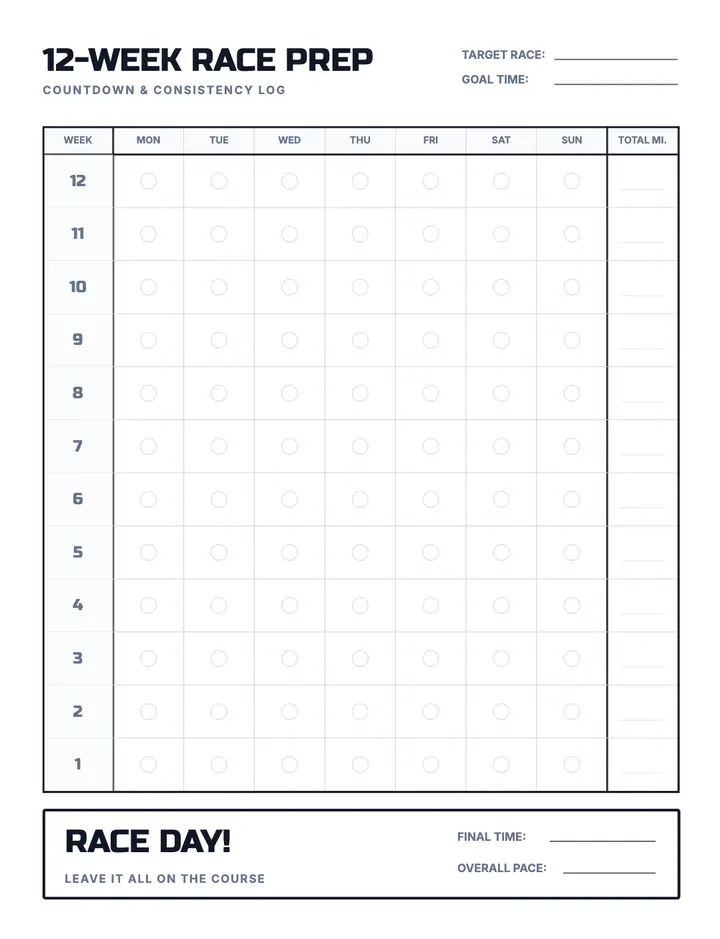 Run Tracker — 12-Week Prep printable template — Fitness