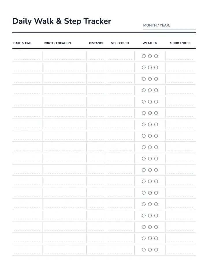 Daily Walk & Step Tracker printable template — Fitness