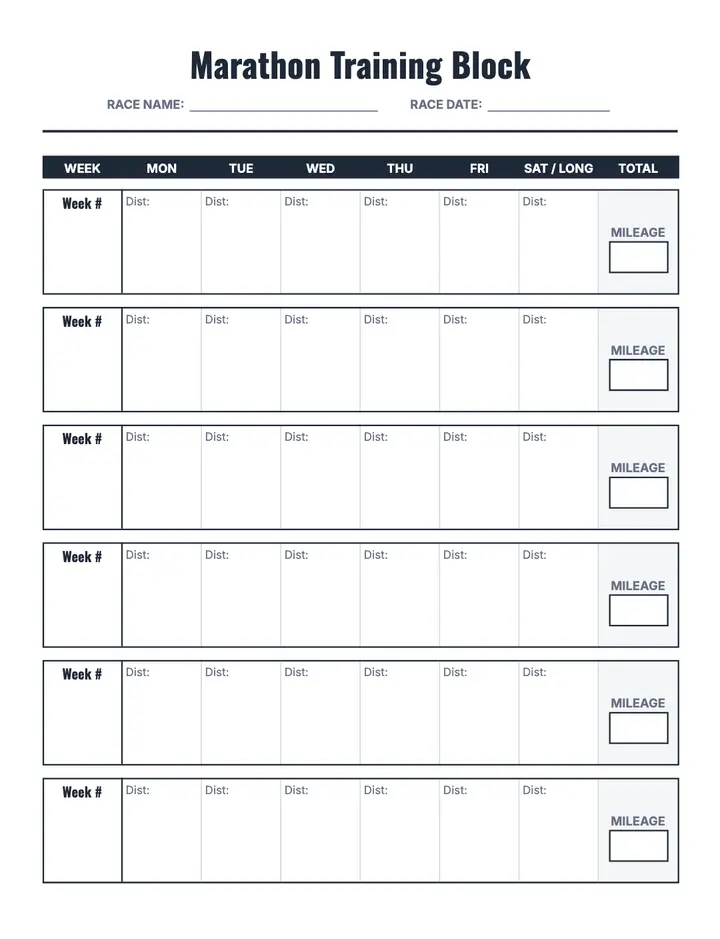 Marathon Training Block printable template — Fitness