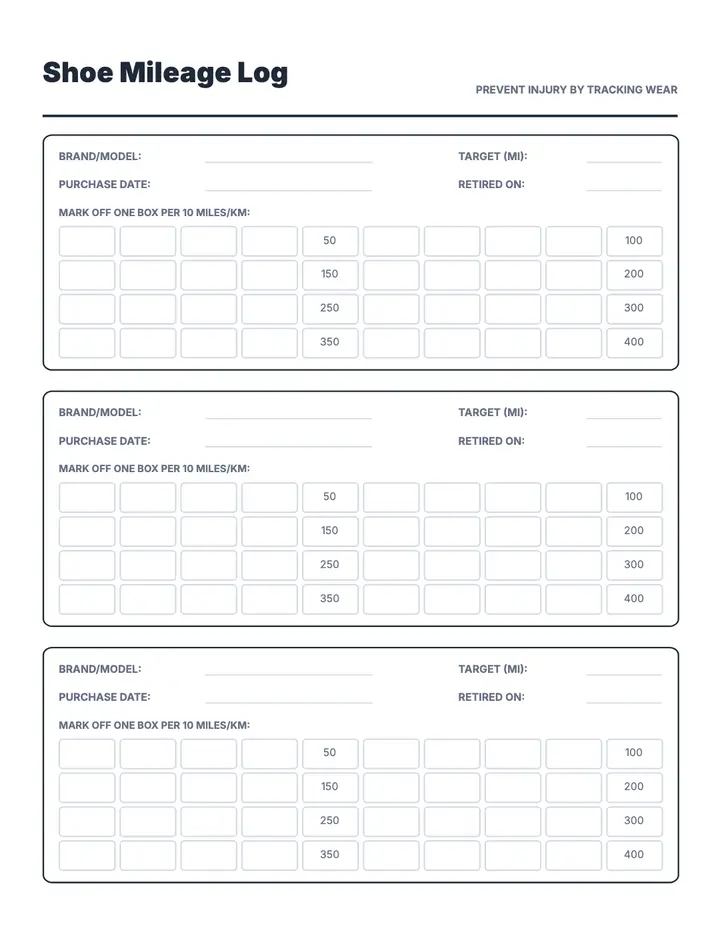 Shoe Mileage Log printable template — Fitness