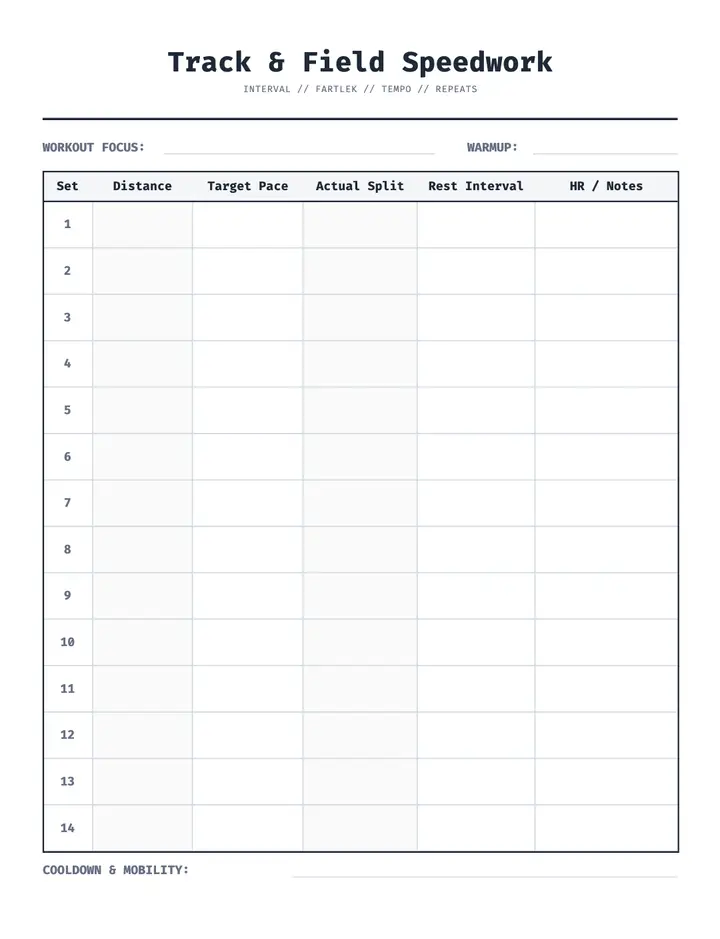 Track & Field Speedwork printable template — Fitness