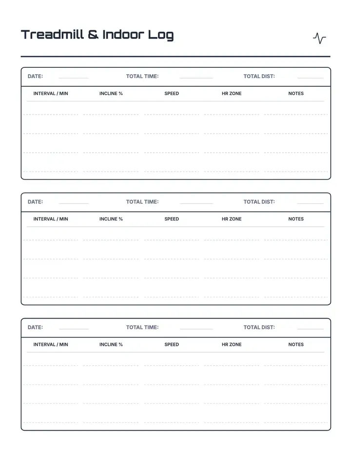 Treadmill & Indoor Log printable template — Fitness