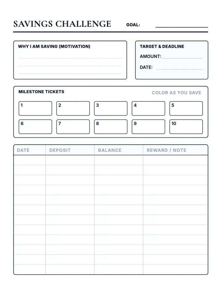 Savings Challenge Planner printable template — Finance