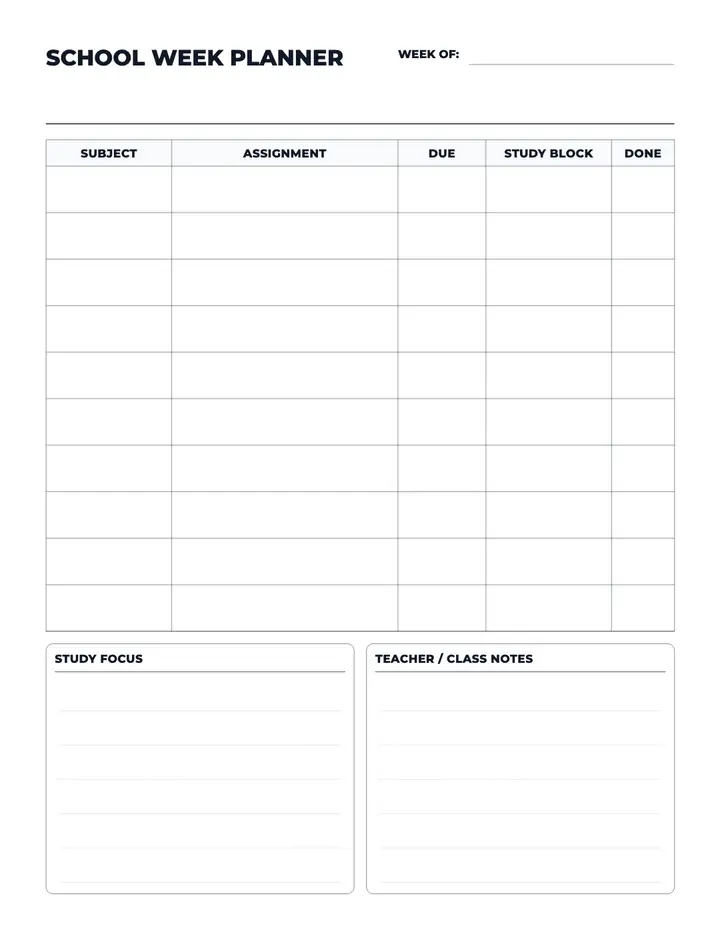 School Week Planner printable template — School