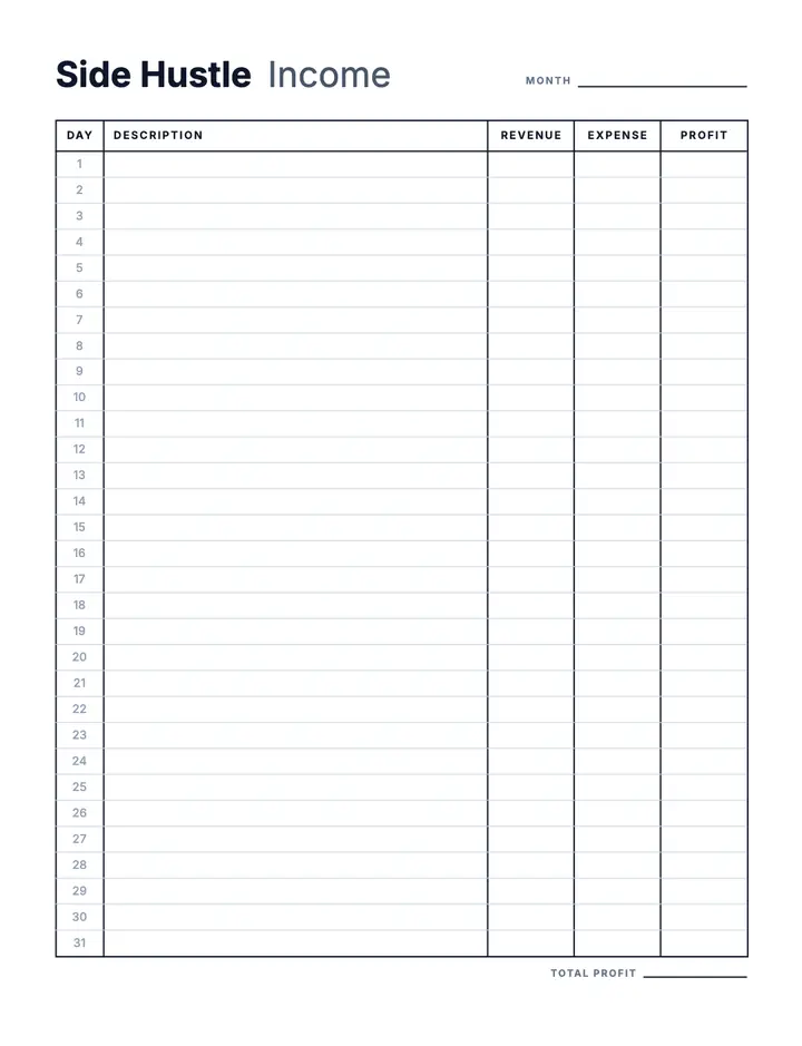 Side Hustle Income printable template — Business