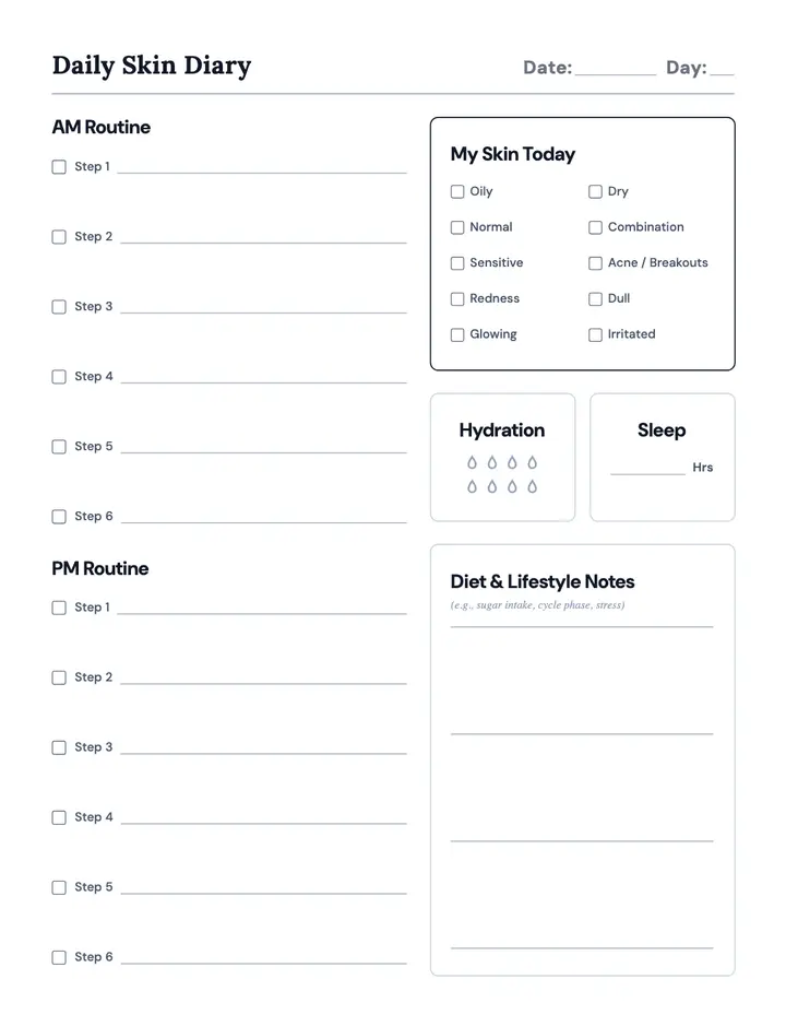 Skincare Planner — Daily Skin Diary printable template — Health