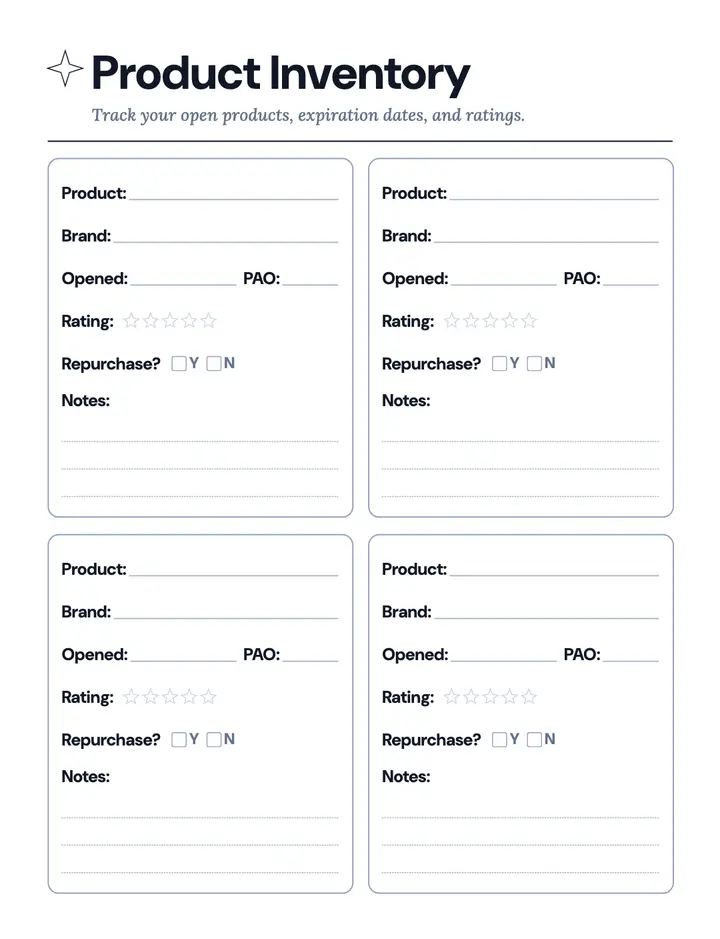 Skincare Planner — Product Inventory printable template — Health