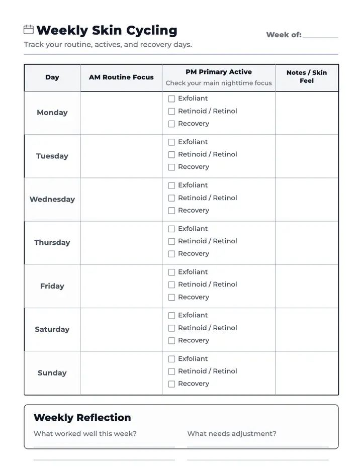 Skincare Planner — Weekly Skin Cycling printable template — Health