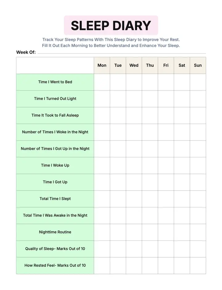 Sleep Cycle Log — Classic Sleep Diary printable template — Health