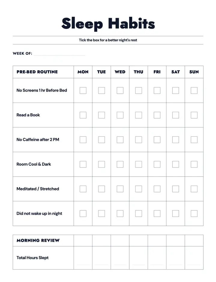 Sleep Cycle Log — Habit Checklist printable template — Health