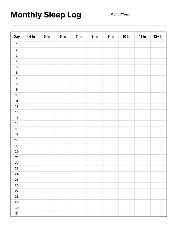 Sleep Cycle Log — Monthly Grid printable template — Health
