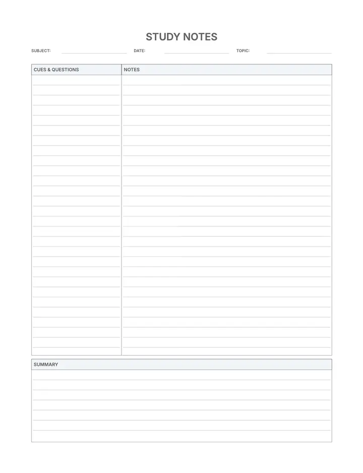 Study Notes (Lecture) printable template — School