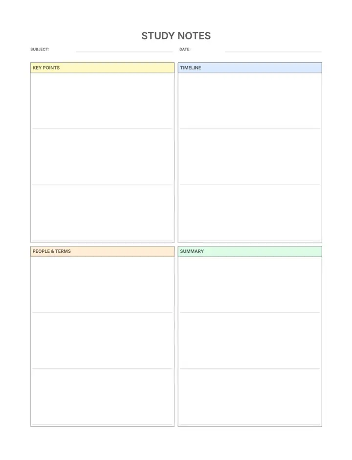 Study Notes (Modular) printable template — School