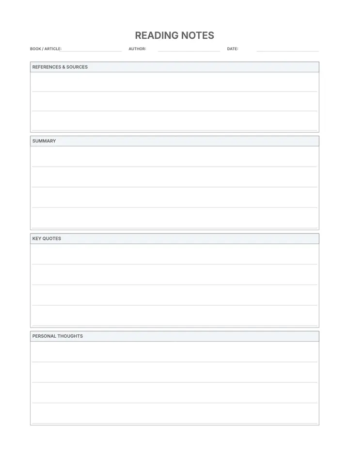 Study Notes (Reading) printable template — School