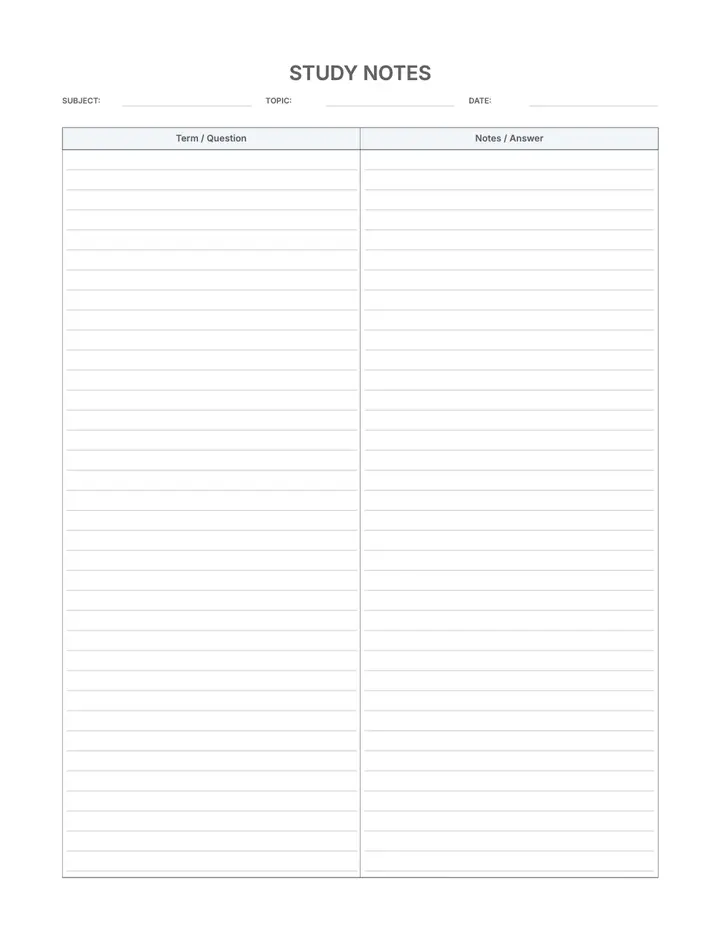 Study Notes (Two Column) printable template — School