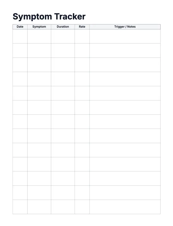 Medical Symptom Log — Classic Symptom Log printable template — Health