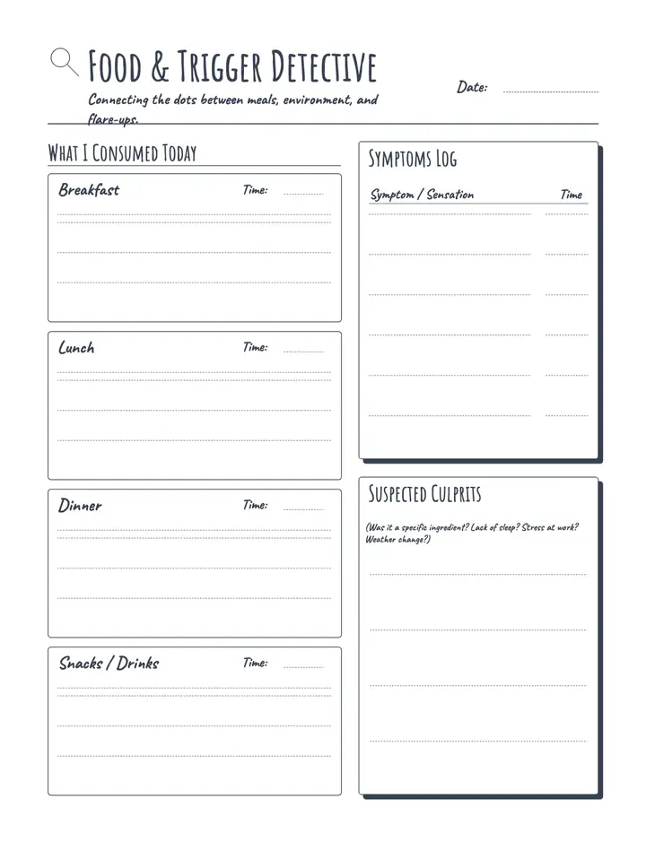 Medical Symptom Log — Food & Trigger Detective printable template — Health