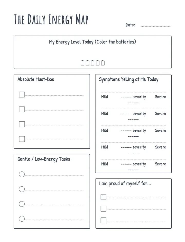 Medical Symptom Log — Spoonie Energy Map printable template — Health