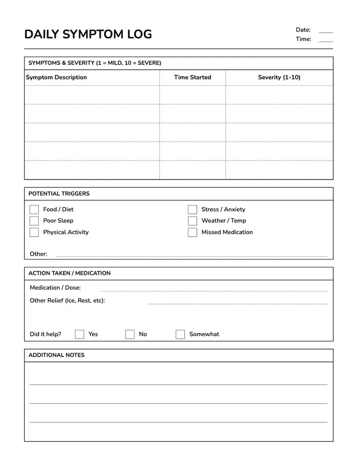Medical Symptom Log — Daily Symptom Diary printable template — Health