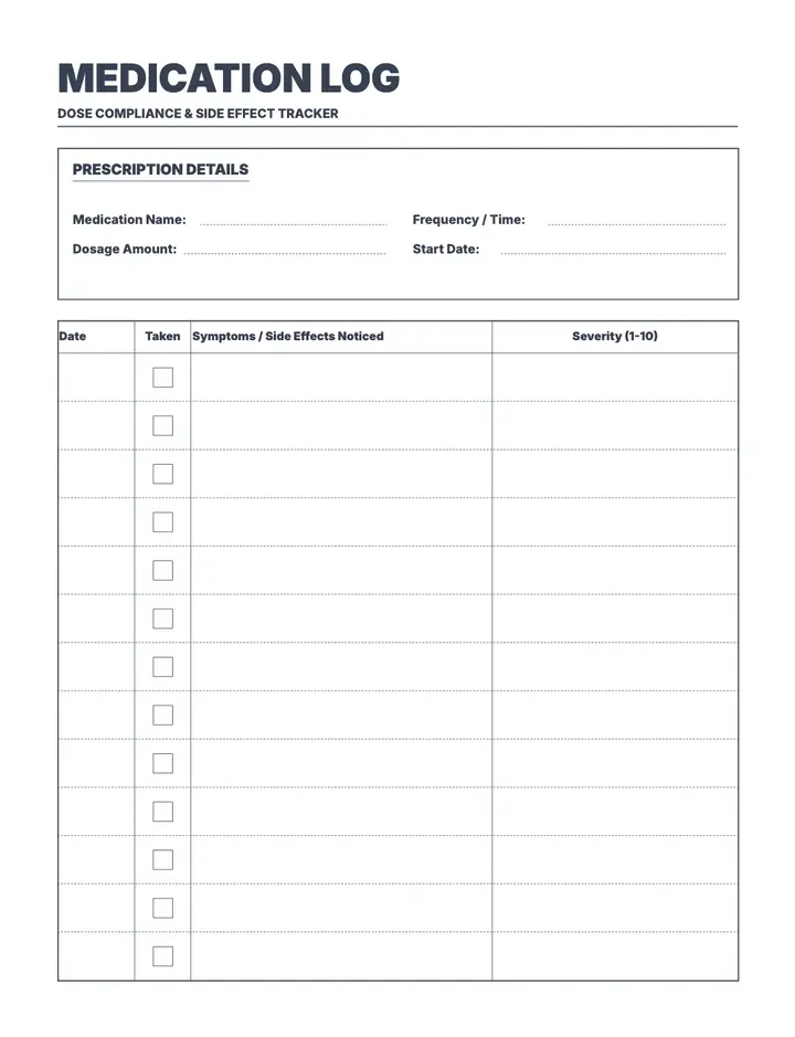 Medical Symptom Log — Medication & Side Effects printable template — Health