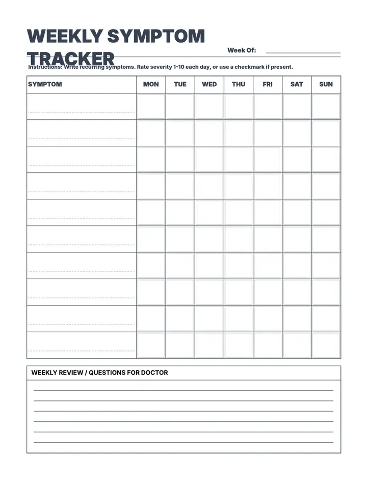 Medical Symptom Log — Weekly Symptom Grid printable template — Health